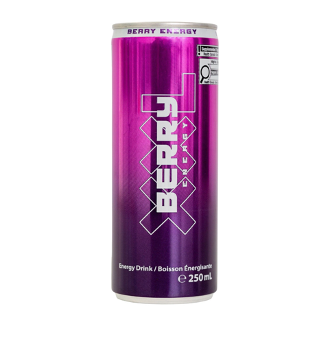 Canette mauve avec inscription Energy Drinks saveur de baies